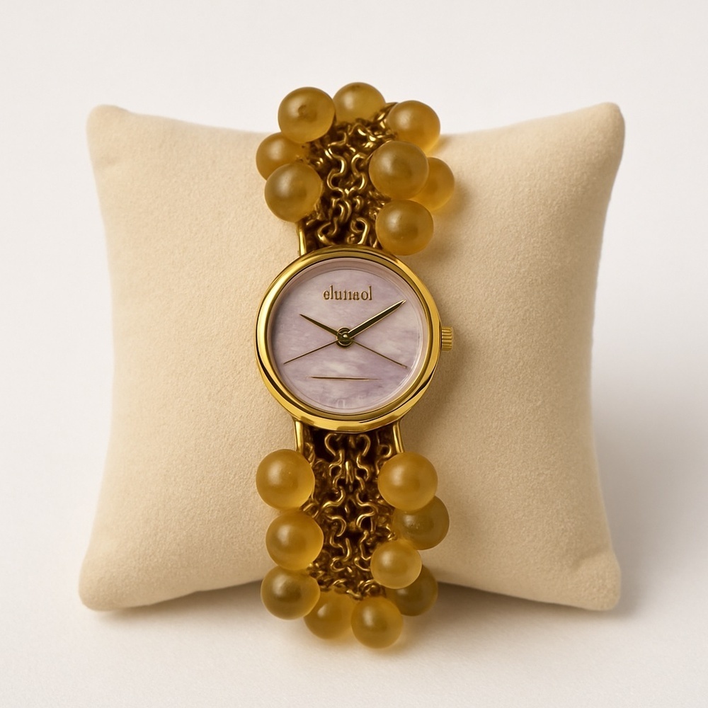 Dumai Gold Amber Beaded‎ Bracelet Watch Mother of Pearl Dial Y2K OS